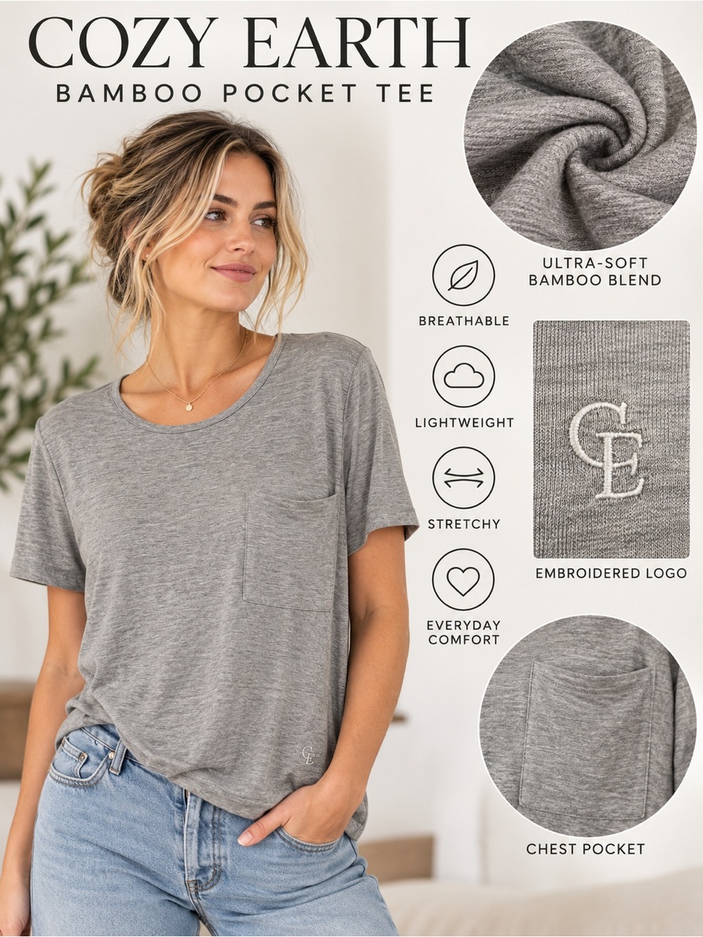 Cozy Earth Bamboo Stretch Pocket Tee Gray Women’s Small